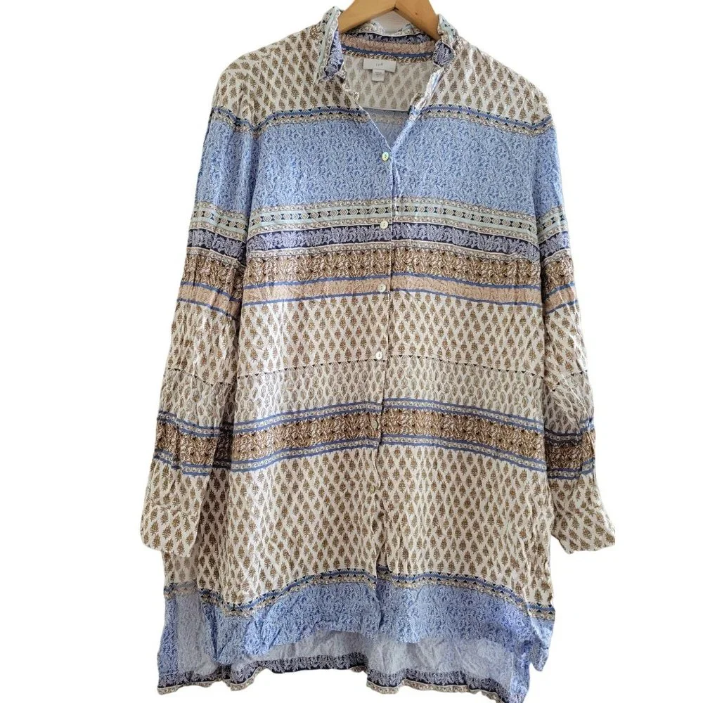 J.Jill Blue and tan printed long button up shirt collared size Large